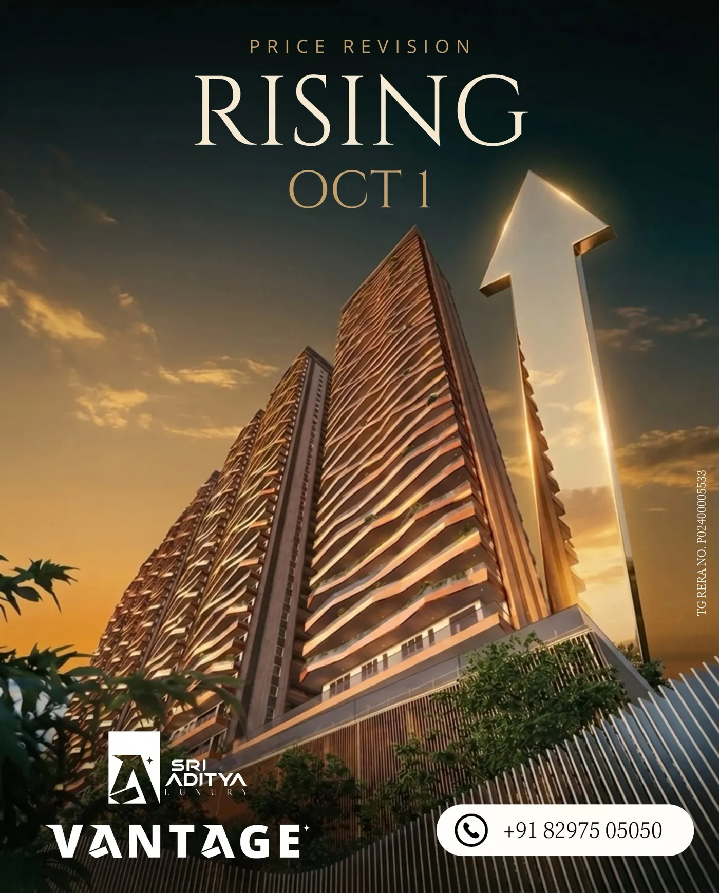 Vantage tower with a rising golden arrow — price revision from 1 October
